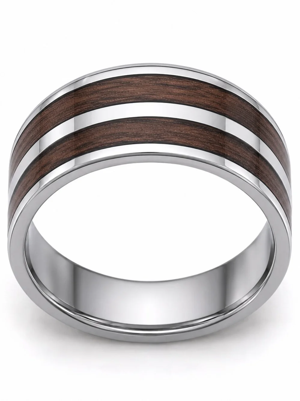 Polished Silver-Tone Tungsten Ring Band with Wood Inlay - Brown 8mm Wide